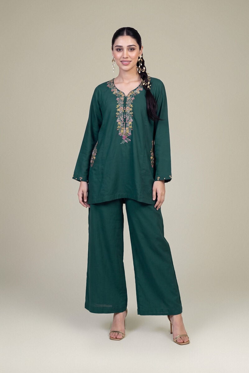 Embroidered | Raw Silk | Green Solid Pants | USD 35.00