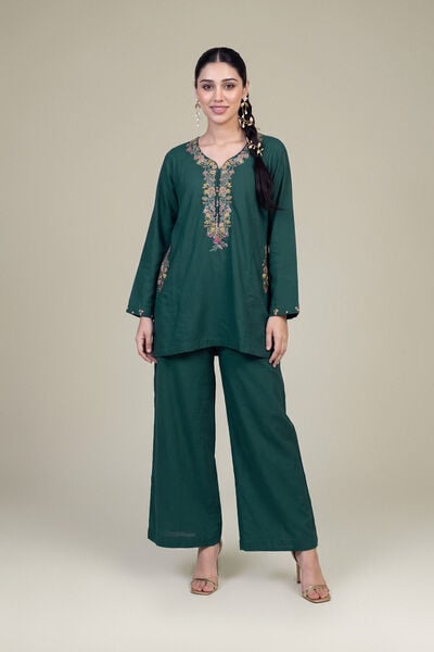 Embroidered | Raw Silk | Green Solid Pants | USD 35.00