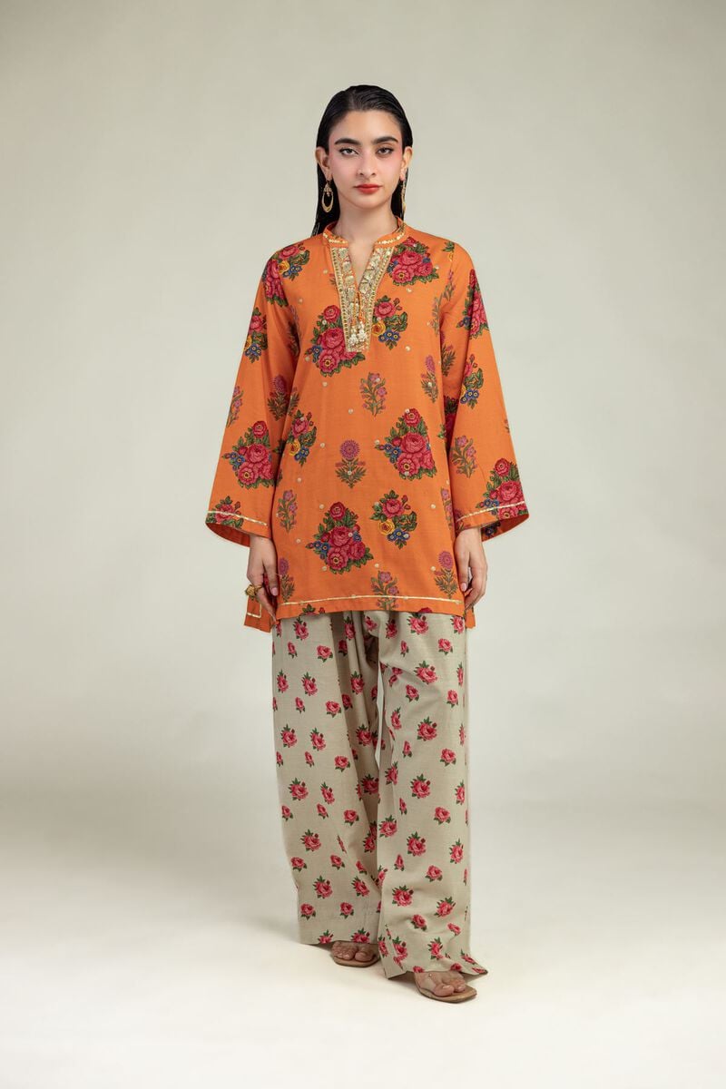 Embroidered | Raw Silk | Orange Floral Kurta | USD 40.00