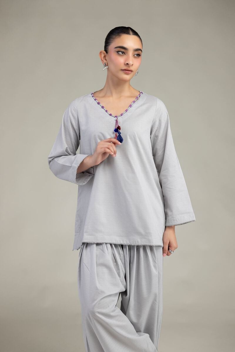 Embroidered | Textured Cotton Viscose | Gray Cotton Kurta | USD 35.00