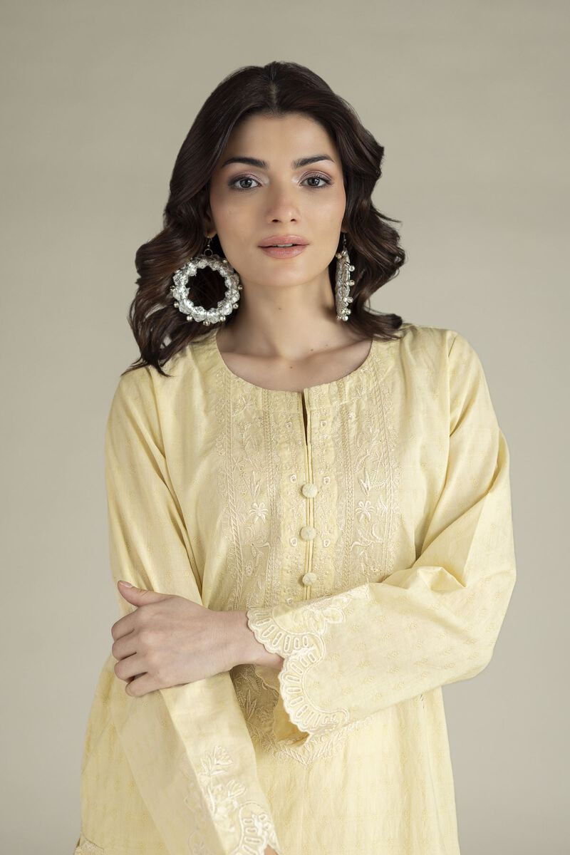 Embroidered | Cotton Dobby | Yellow Tailored 2-Piece | USD 65.00