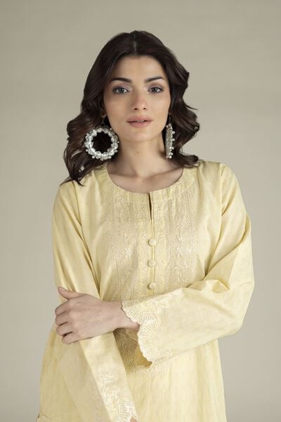 Embroidered | Cotton Dobby | Yellow Tailored 2-Piece | USD 65.00
