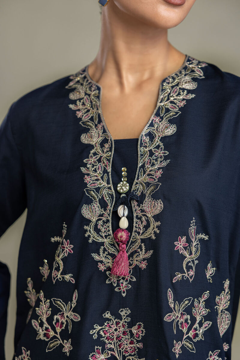 Embroidered | Raw Silk | Short Navy Kurta | USD 70.00
