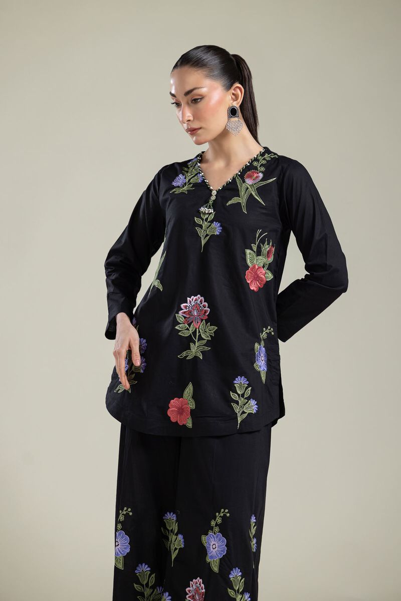 Embroidered | Cambric | Black V-Neck Kurta | USD 40.00