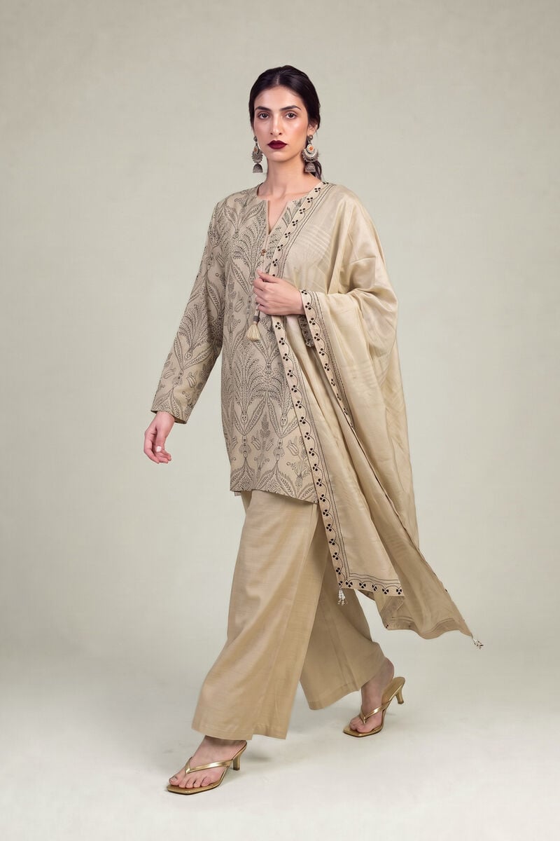 Embroidered | Polyester Silk | Beige Silk Dupatta | USD 35.00
