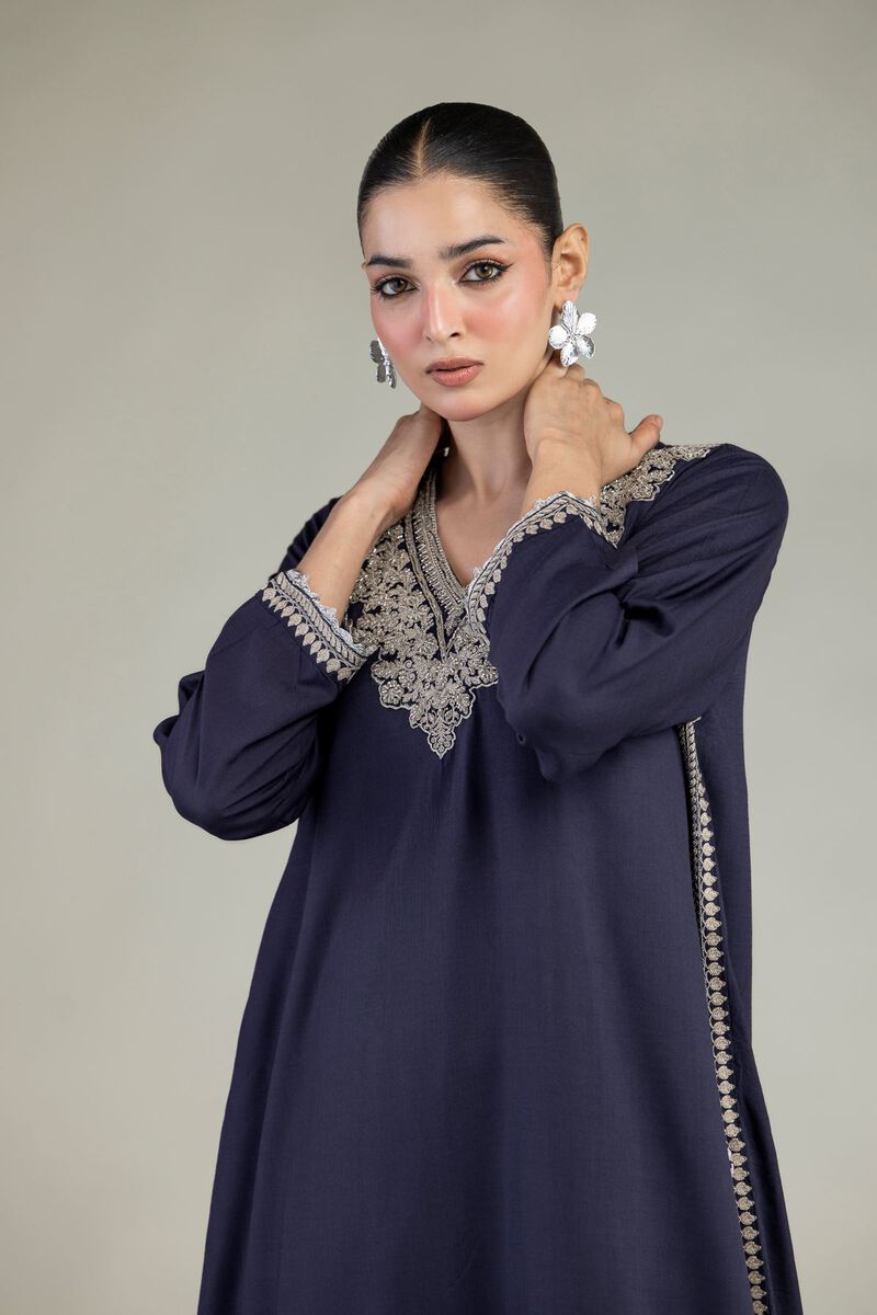 Embroidered | Raw Silk | Navy V-Neck Kurta | USD 60.00