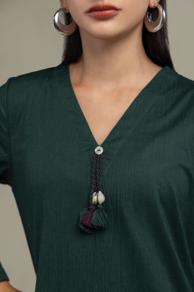 Dyed | Cotton Crinkle | V-Neck Green Kurta | USD 35.00