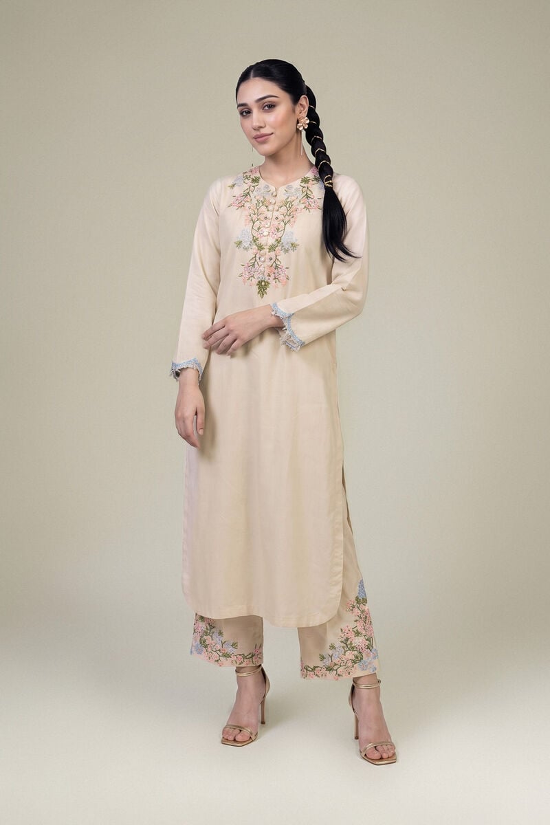 Embroidered | Raw Silk | Floral Beige Pants | USD 45.00