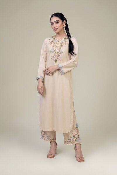 Embroidered | Raw Silk | Floral Beige Pants | USD 45.00