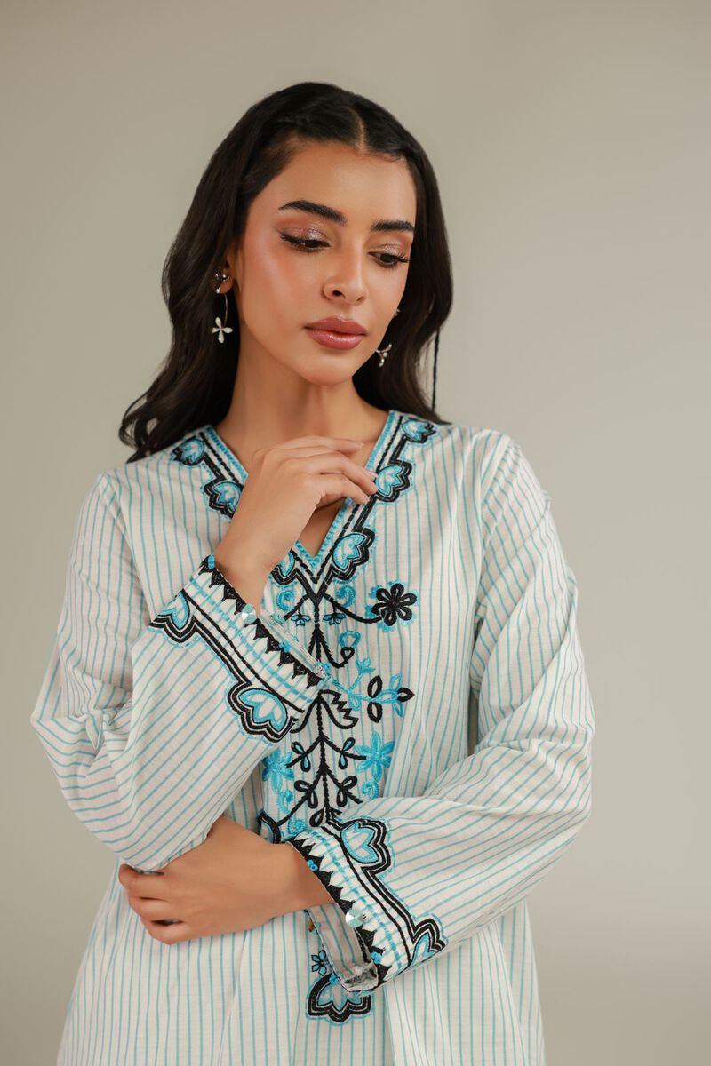 Embroidered | Cotton Dobby | Floral V-Neck Kurta | USD 35.00