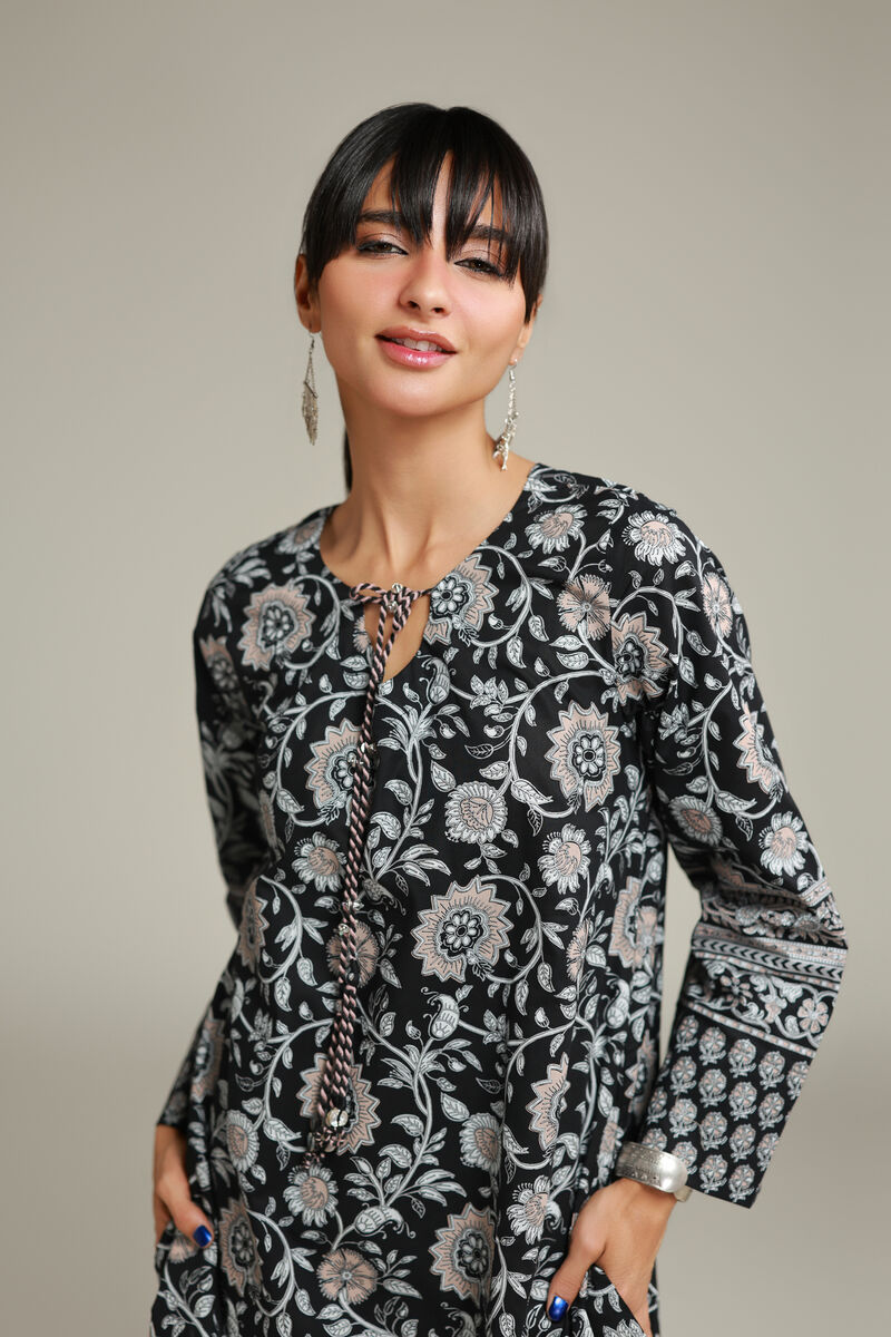 Printed | Cambric | Floral Black Kurta | USD 35.00