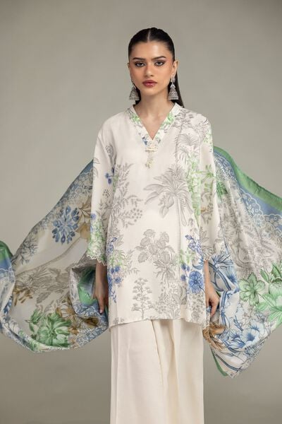 Embroidered | Raw Silk | Floral V-Neck Kurta | USD 45.00