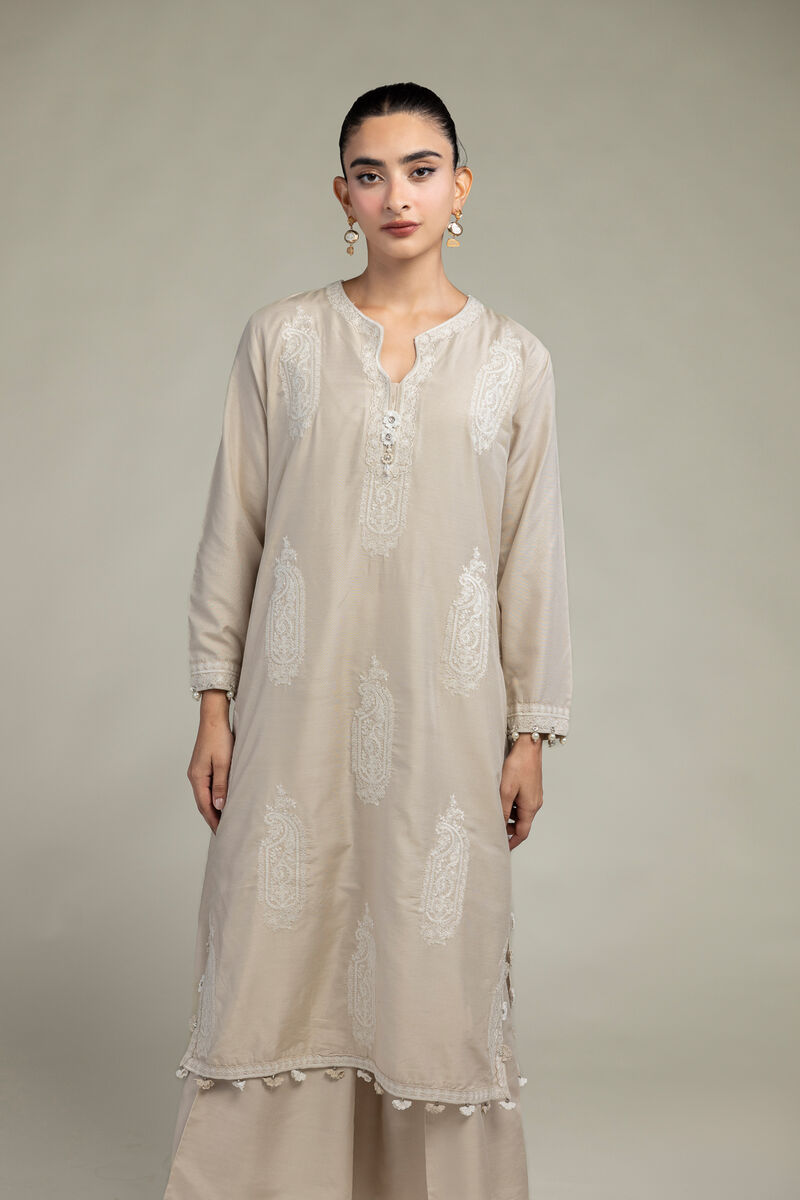 Raw Silk | Paisley Beige  Kurta | USD 70.00