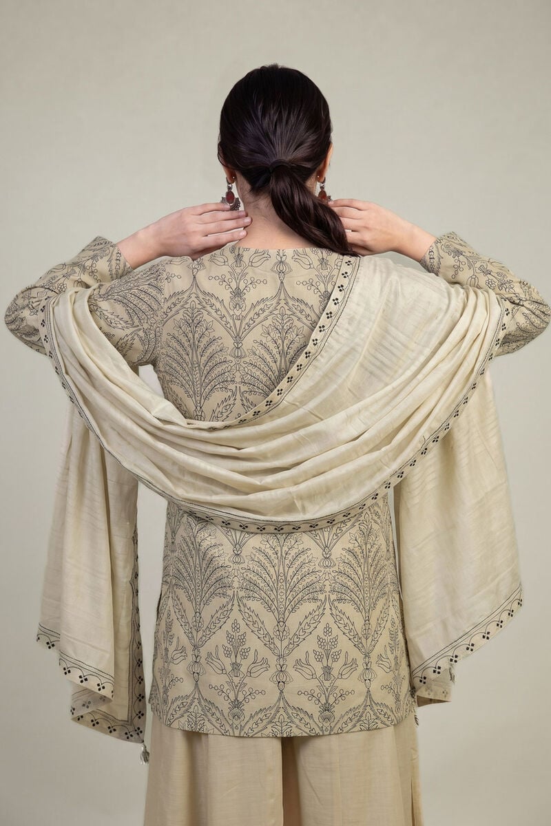 Embroidered | Polyester Silk | Beige Silk Dupatta | USD 35.00