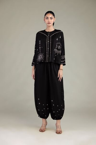 Embroidered | Viscose Crepe | Black Viscose Trousers | USD 35.00