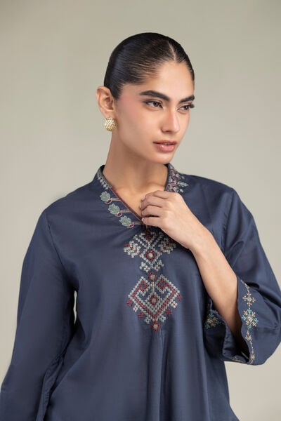 Embroidered | Cambric | V-Neck Navy Kurta | USD 40.00