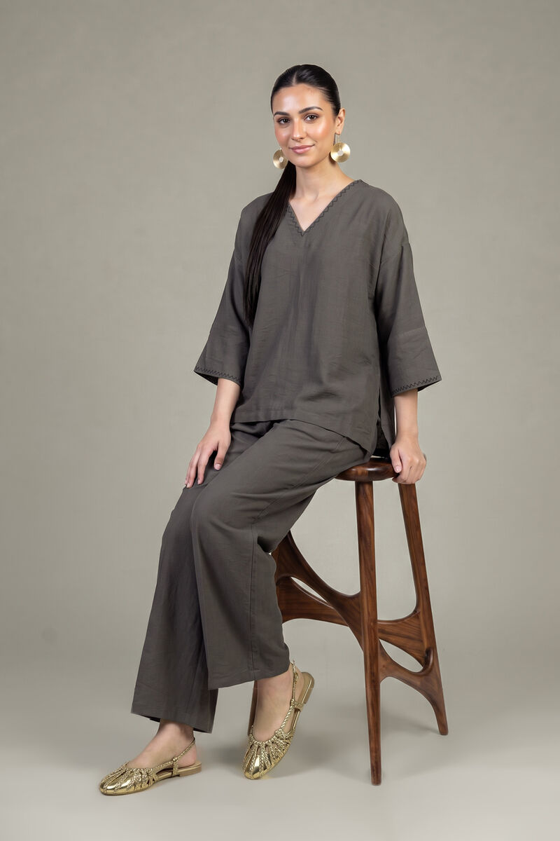 Dyed | Crepe | Solid V-Neck Tunic | USD 40.00