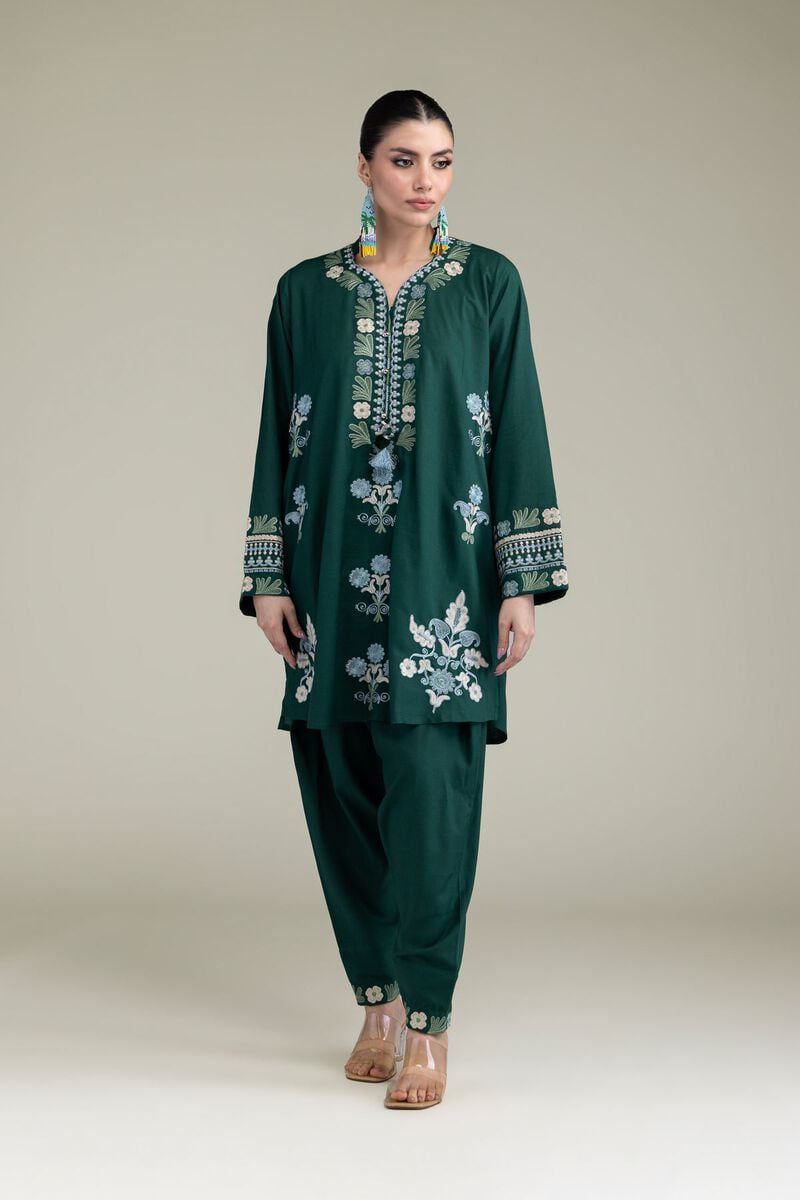 Embroidered | Raw Silk | Green V-Neck Kurta | USD 45.00