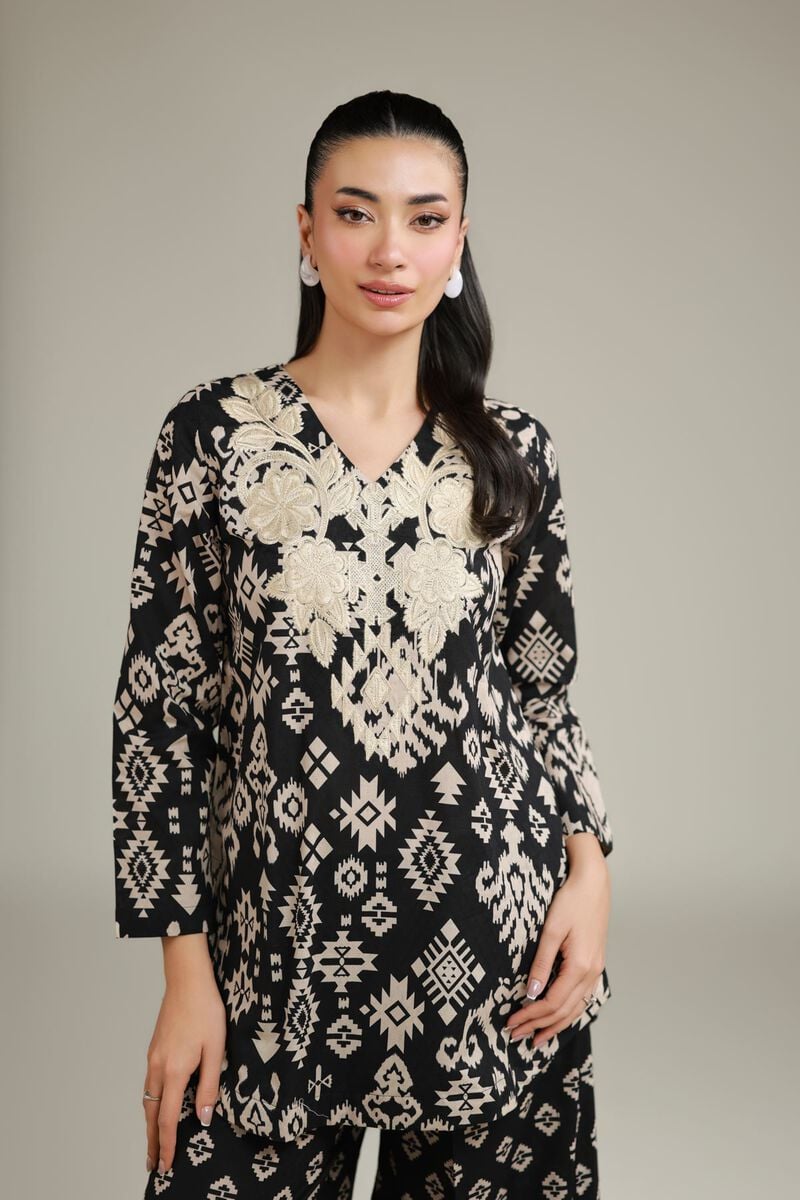 Embroidered | Cotton Dobby | Black V-Neck Kurta | USD 30.00