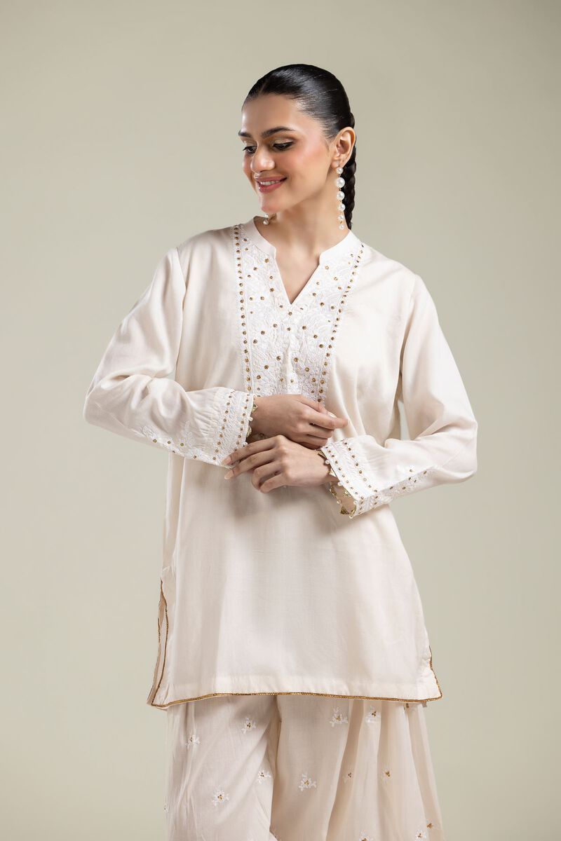 Embroidered | Textured Weave | Short V-Neck Kurta | USD 40.00