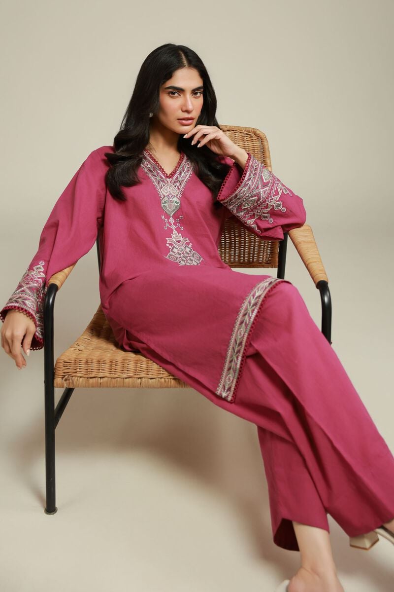 Embroidered | Cambric | Magenta Tailored 2-Piece | USD 55.00