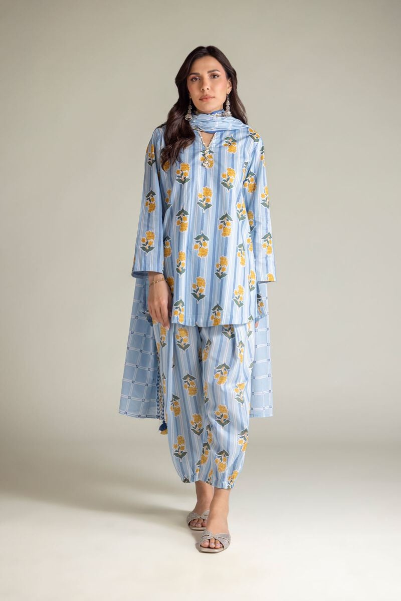 Embroidered | Cambric | Blue V-Neck Kurta | USD 30.00