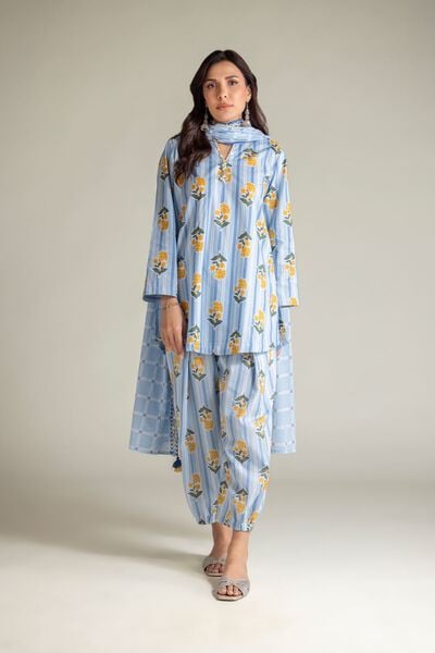 Embroidered | Cambric | Blue V-Neck Kurta | USD 30.00