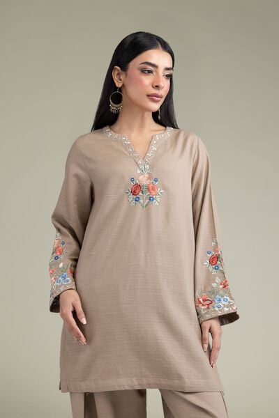 Embroidered | Cotton Dobby | Floral Beige Kurta | USD 40.00