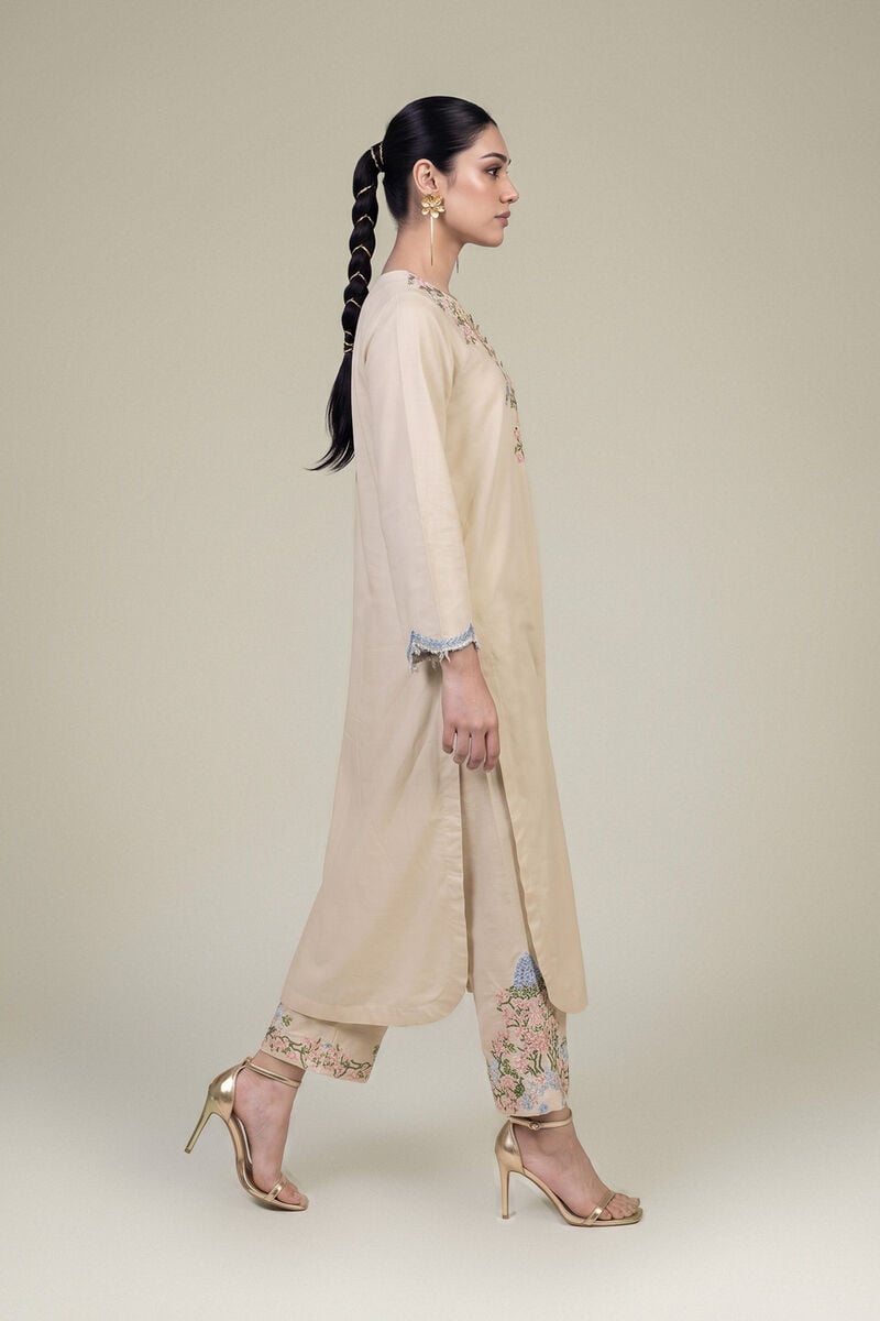 Embroidered | Raw Silk | Floral Beige Pants | USD 45.00