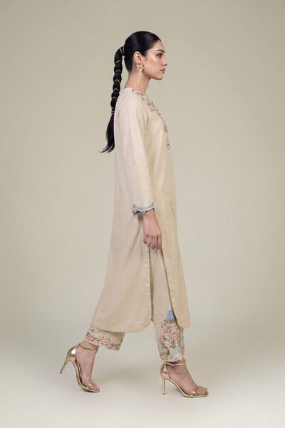 Embroidered | Raw Silk | Floral Beige Pants | USD 45.00