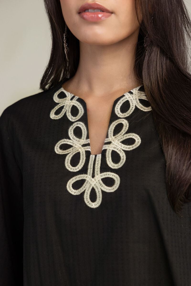 Embroidered | Cotton Dobby | Black V-Neck Kurta | USD 35.00