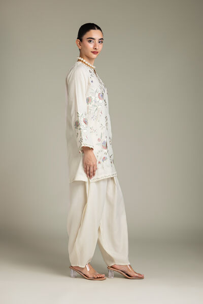 Embroidered | Raw Silk | Off-White Silk Pants | USD 40.00