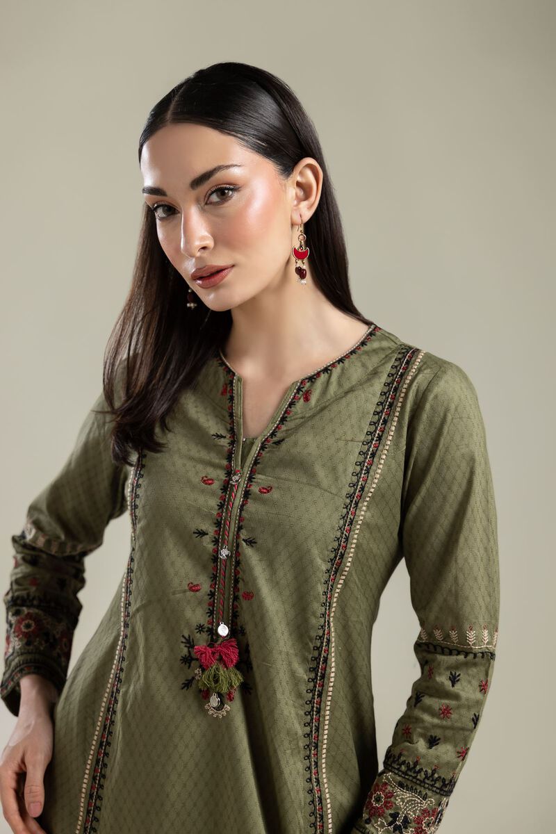 Embroidered |Cotton Dobby | Olive Floral Kurta | USD 40.00