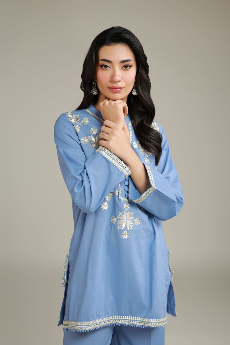 Embroidered | Cambric | Floral Blue Kurta | USD 40.00