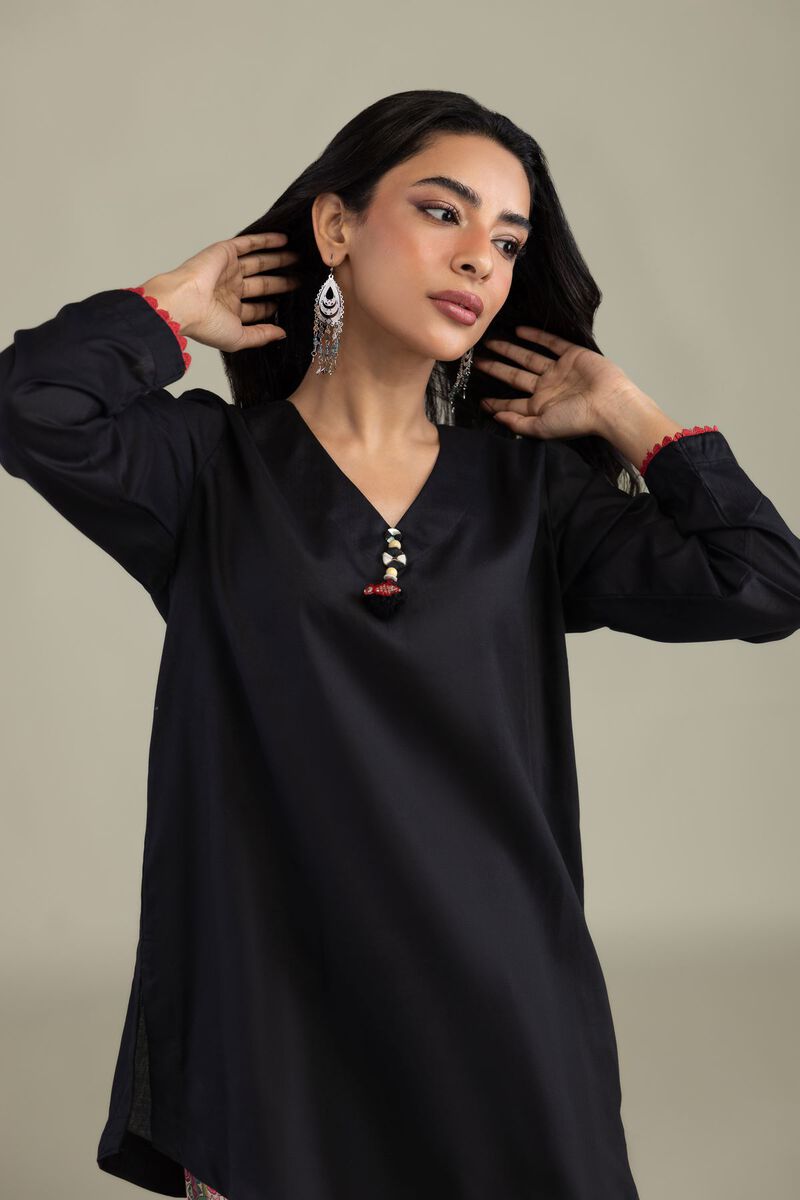 Printed | Textured Weave | Black V-Neck Kurta | USD 35.00