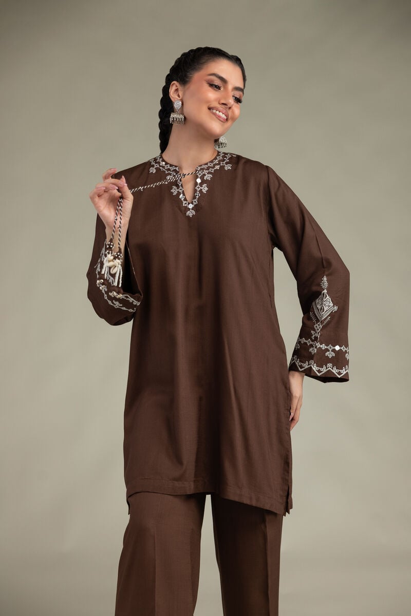Embroidered | Raw Silk | Short V-Neck Kurta | USD 60.00