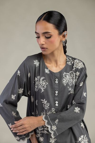 Embroidered | Cotton Dobby | Gray Longline Kurta | USD 55.00