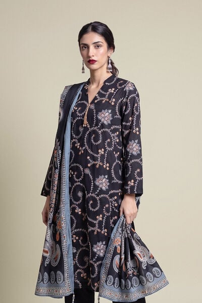 Embroidered | Raw Silk | Floral Black Kurta | USD 60.00