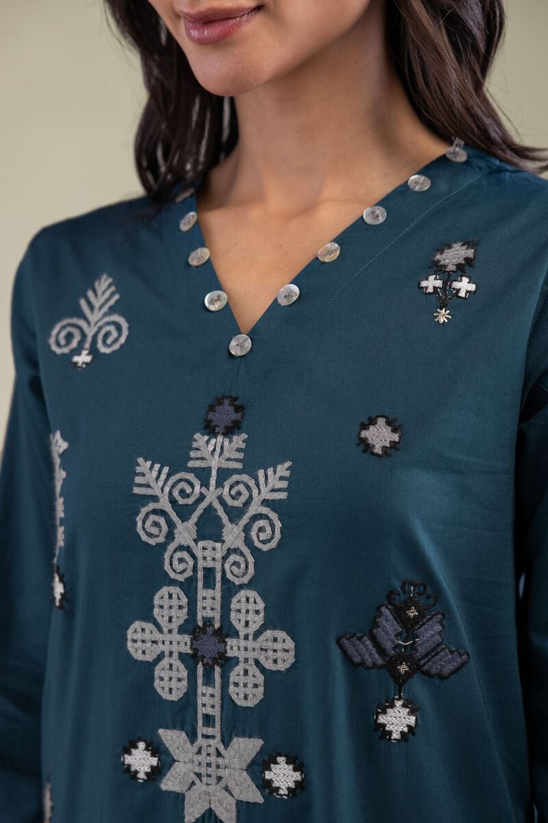 Embroidered | Cambric | Teal Longline Kurta | USD 35.00