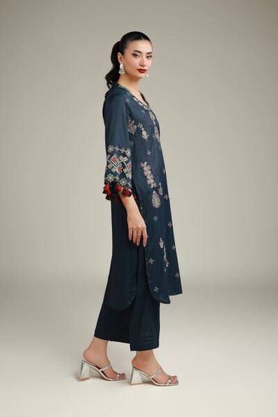 Embroidered | Raw Silk | Silk Navy Pants | USD 35.00