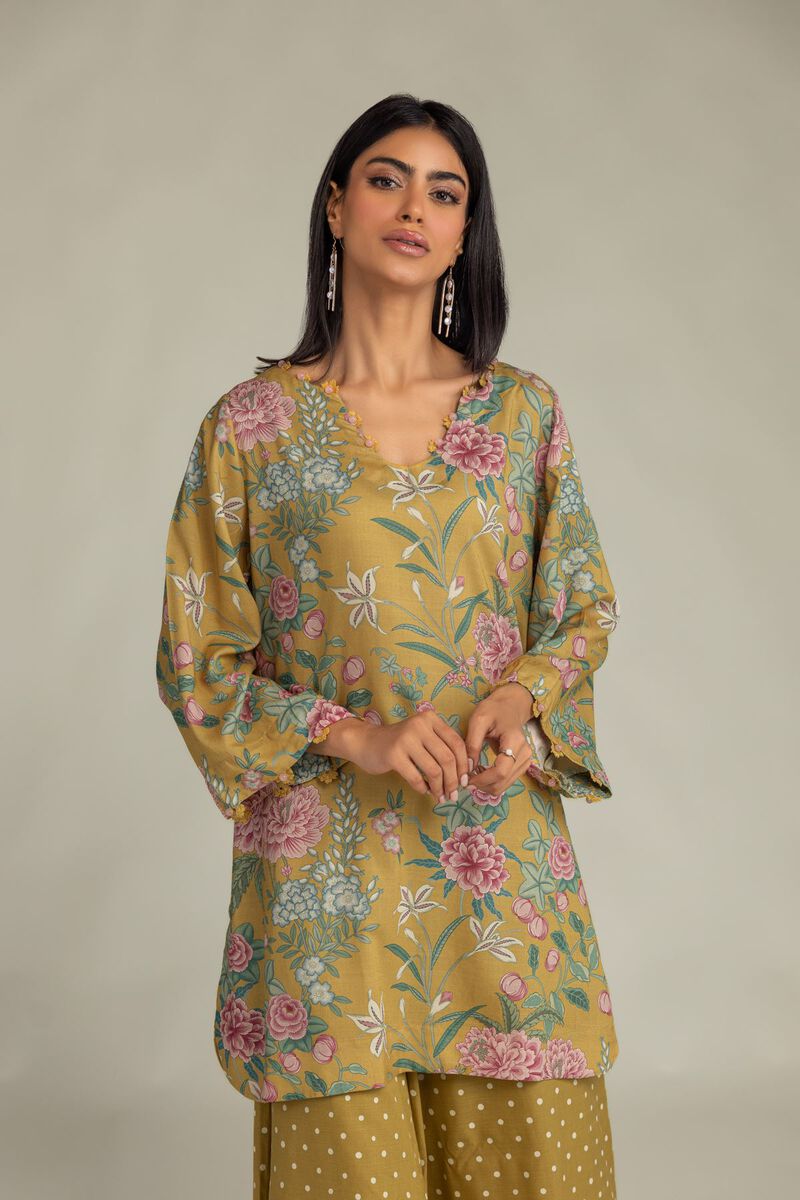 Printed | Raw Silk | Short Mustard Kurta | USD 40.00