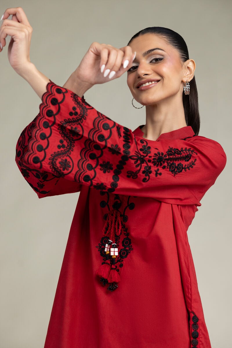 Embroidered | Cambric | Red Cambric Kurta | USD 55.00