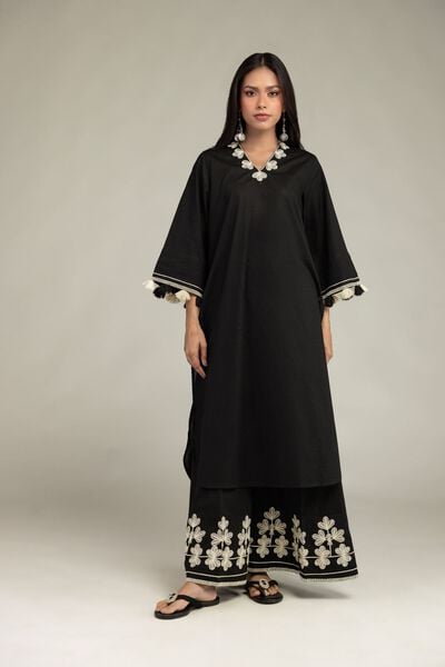 Embroidered | Cotton Dobby | Floral Black Pants | USD 40.00