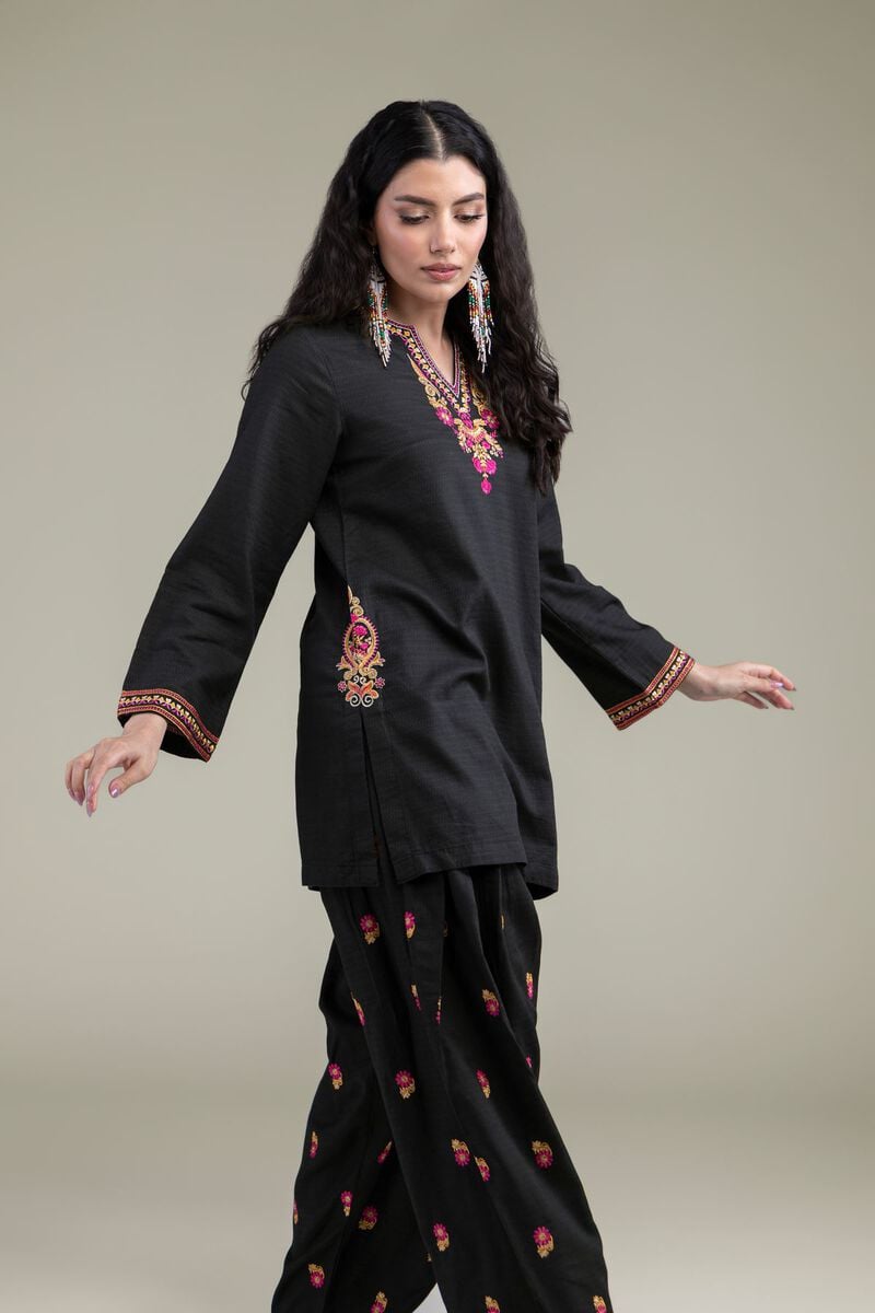 Embroidered | Cotton Dobby | Black V-Neck Kurta | USD 35.00