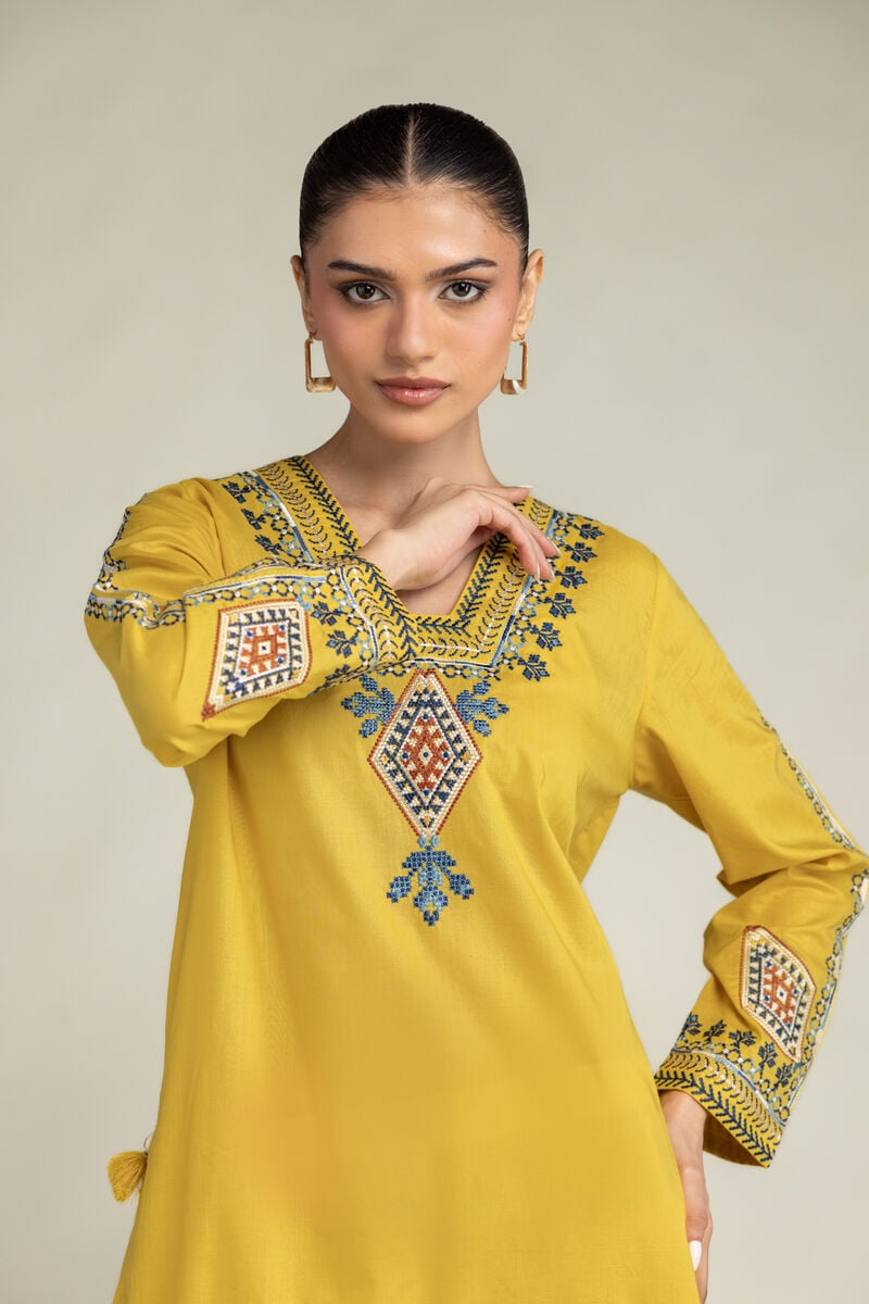 Embroidered | Cambric | Yellow Longline Kurta | USD 40.00