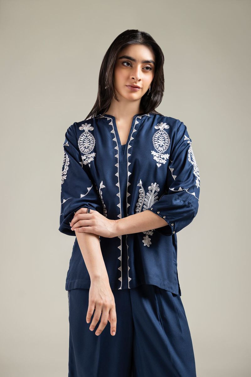Embroidered | Viscose Crepe | Embroidered Navy Blouse | USD 40.00