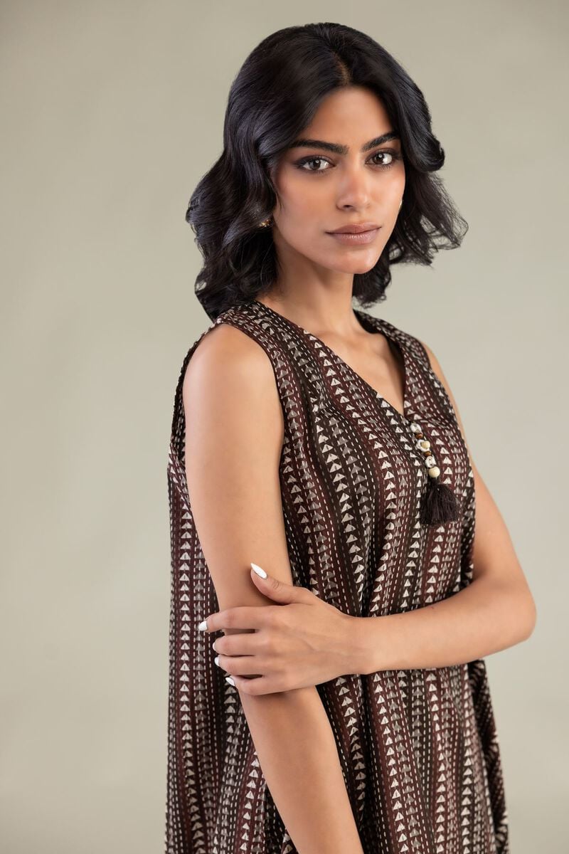 Printed | Cambric | Brown Sleeveless Kurta | USD 35.00