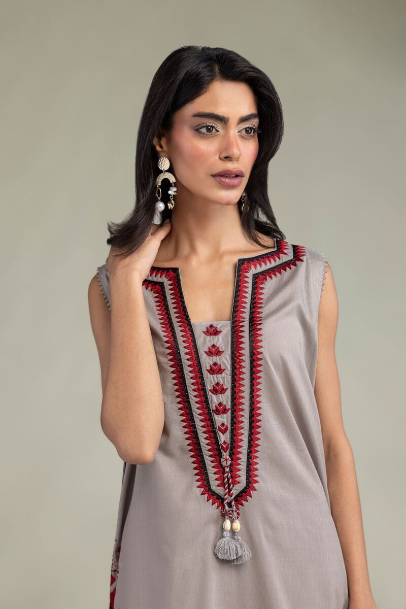 Embroidered | Cotton Dobby | Gray Sleeveless Kurta | USD 45.00