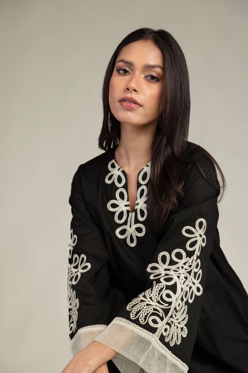 Embroidered | Cotton Dobby | Black V-Neck Kurta | USD 35.00