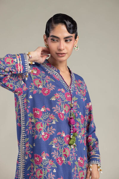 Embroidered | Raw Silk | Blue V-Neck Kurta | USD 65.00